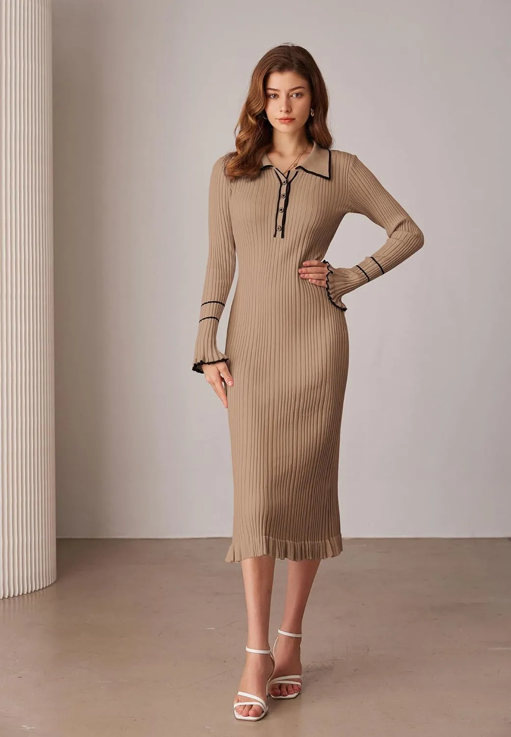GRACE KARIN Women's 2024 Long Sleeve Sweater Dress Button Knit Slim Fit Casual V Neck Elegant Bodycon Midi Dresses