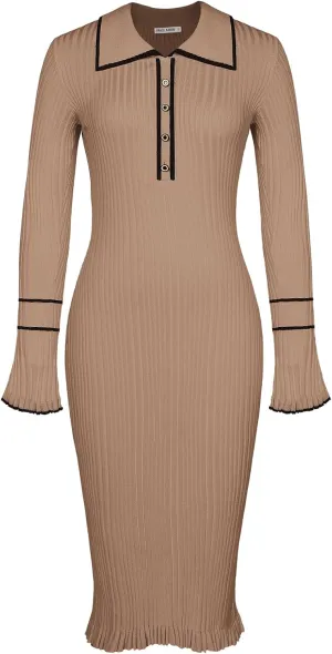 GRACE KARIN Women's 2024 Long Sleeve Sweater Dress Button Knit Slim Fit Casual V Neck Elegant Bodycon Midi Dresses