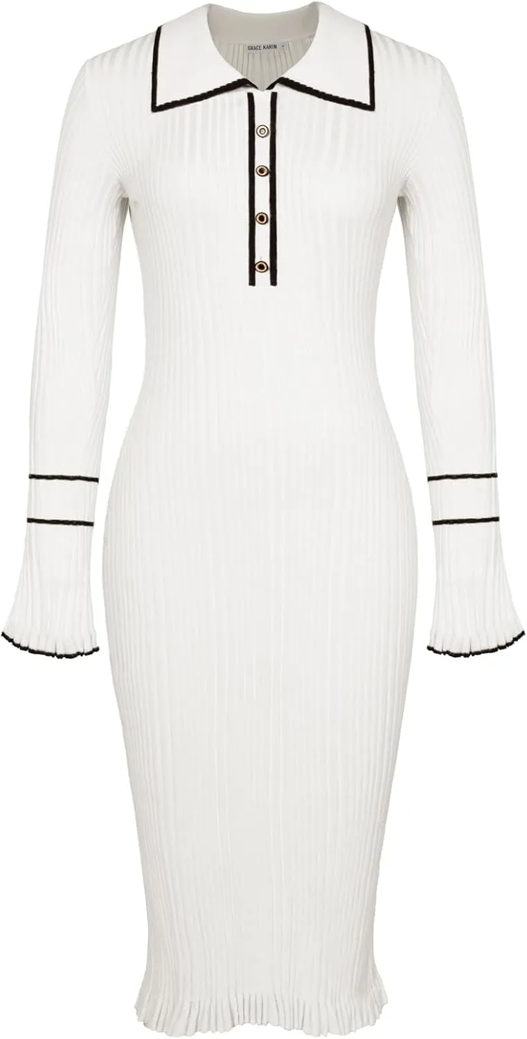 GRACE KARIN Women's 2024 Long Sleeve Sweater Dress Button Knit Slim Fit Casual V Neck Elegant Bodycon Midi Dresses
