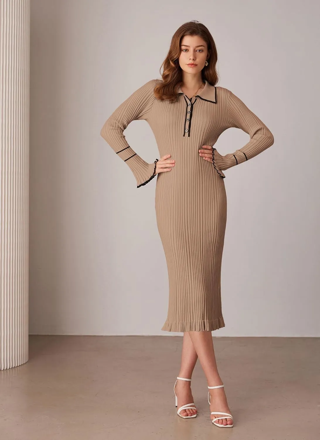GRACE KARIN Women's 2024 Long Sleeve Sweater Dress Button Knit Slim Fit Casual V Neck Elegant Bodycon Midi Dresses