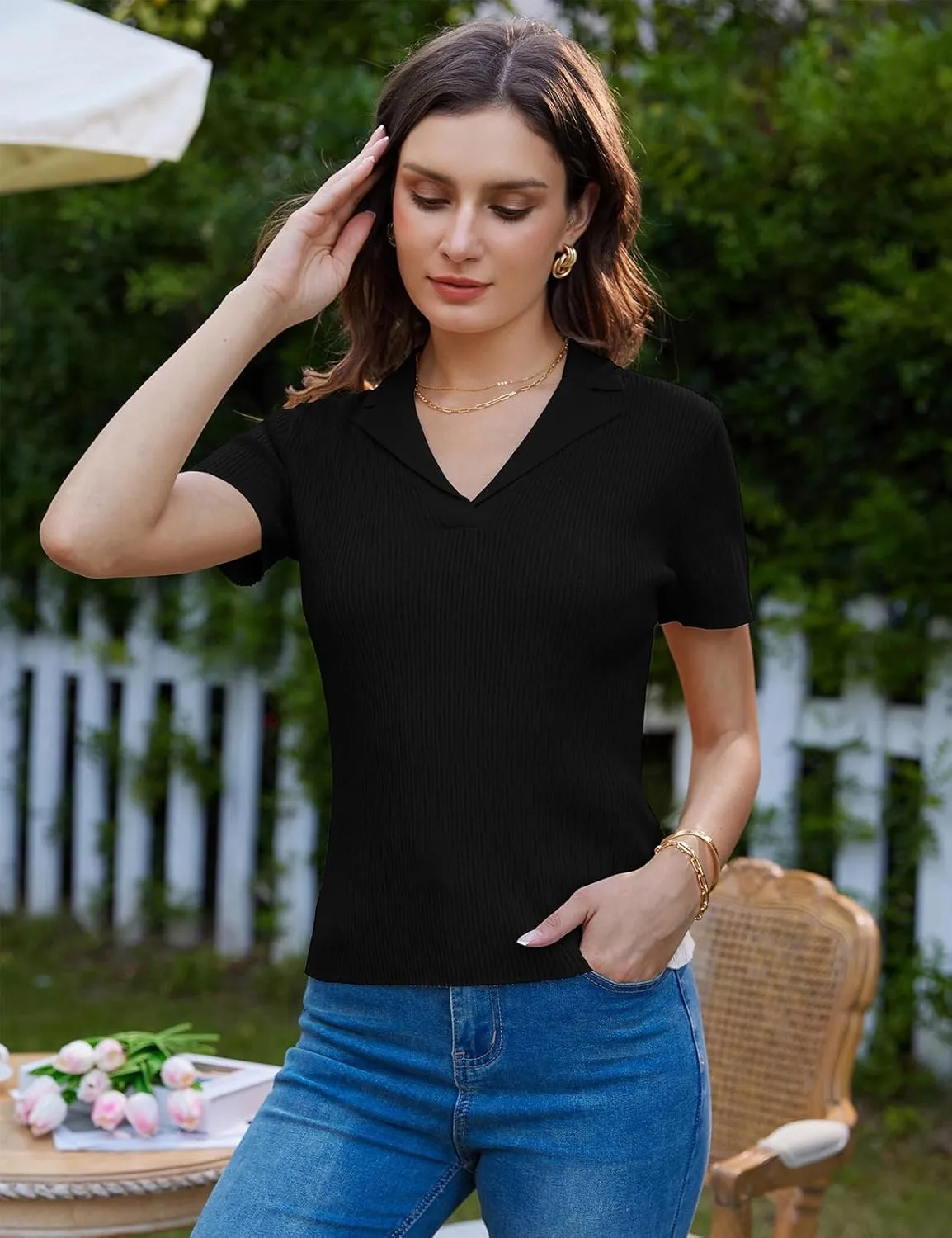 GRACE KARIN Womens 2025 Summer Short Sleeve Sweater V Neck Knitted Polo Shirt Lightweight Collared Pullover Sweater