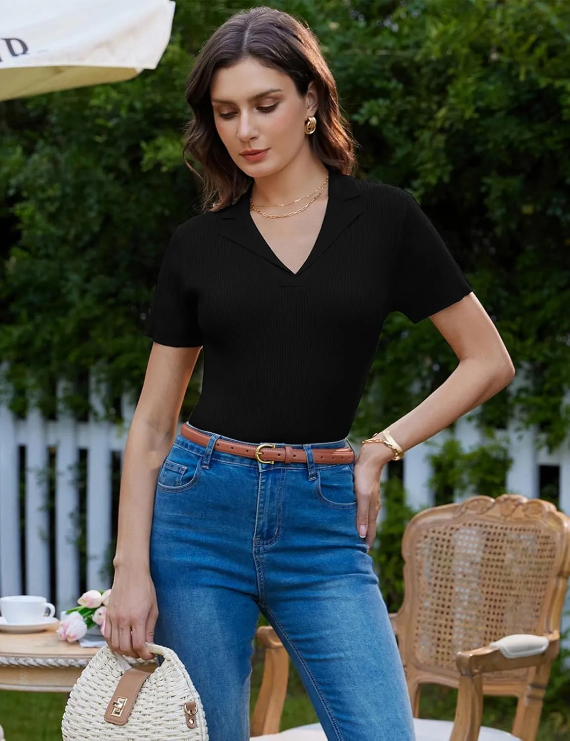 GRACE KARIN Womens 2025 Summer Short Sleeve Sweater V Neck Knitted Polo Shirt Lightweight Collared Pullover Sweater