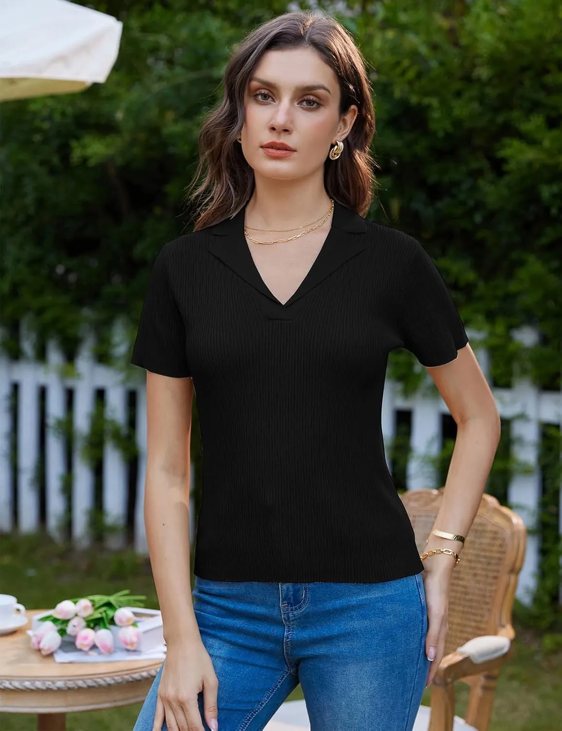 GRACE KARIN Womens 2025 Summer Short Sleeve Sweater V Neck Knitted Polo Shirt Lightweight Collared Pullover Sweater
