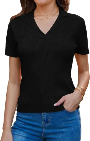 GRACE KARIN Womens 2025 Summer Short Sleeve Sweater V Neck Knitted Polo Shirt Lightweight Collared Pullover Sweater