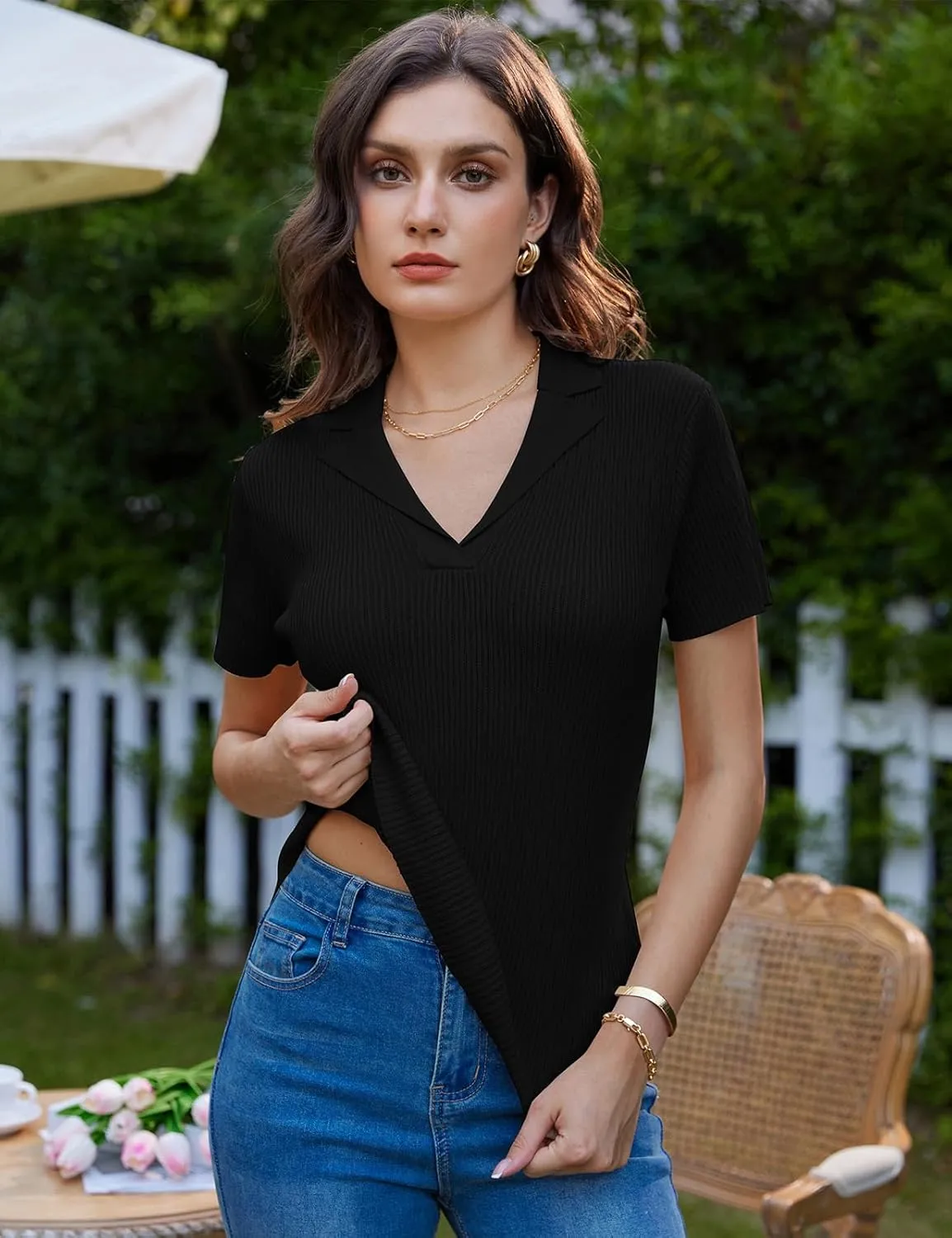 GRACE KARIN Womens 2025 Summer Short Sleeve Sweater V Neck Knitted Polo Shirt Lightweight Collared Pullover Sweater