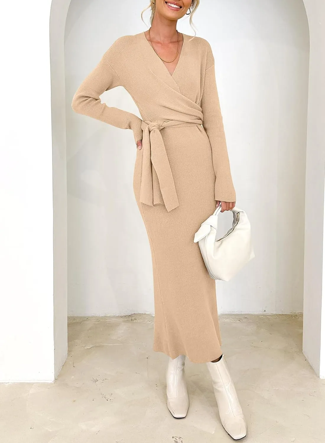 Happy Sailed Womens Knit Dress Spring Long Sleeve Wrap V Neck Tie Waist Ribbed Sweater Dresses