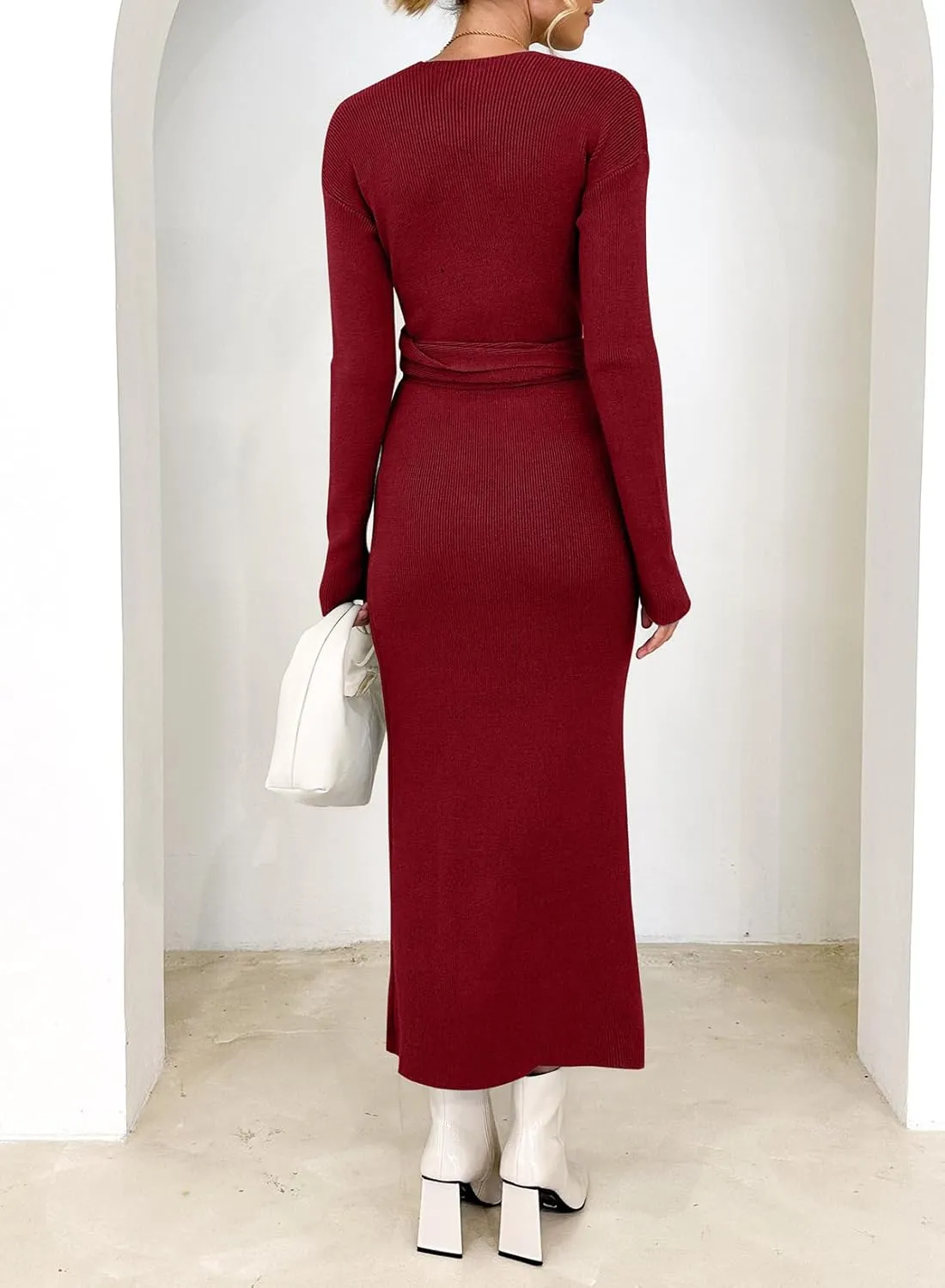 Happy Sailed Womens Knit Dress Spring Long Sleeve Wrap V Neck Tie Waist Ribbed Sweater Dresses