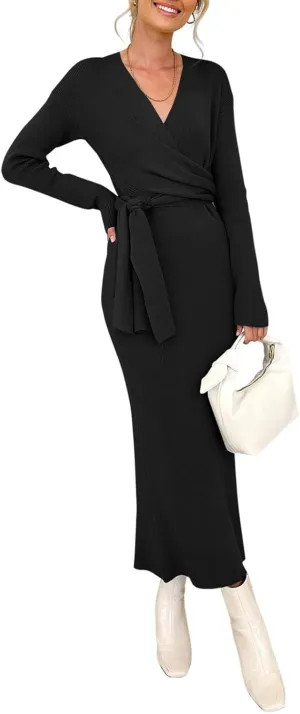 Happy Sailed Womens Knit Dress Spring Long Sleeve Wrap V Neck Tie Waist Ribbed Sweater Dresses