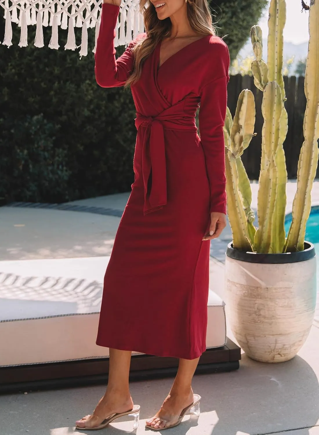 Happy Sailed Womens Knit Dress Spring Long Sleeve Wrap V Neck Tie Waist Ribbed Sweater Dresses