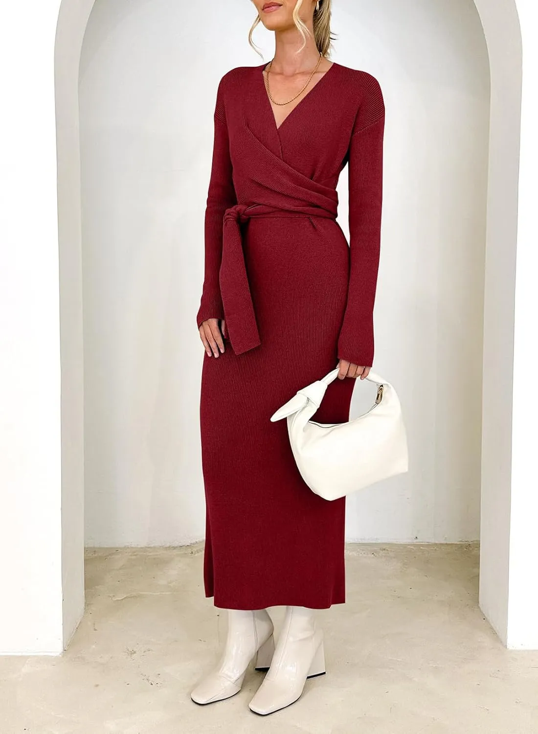 Happy Sailed Womens Knit Dress Spring Long Sleeve Wrap V Neck Tie Waist Ribbed Sweater Dresses