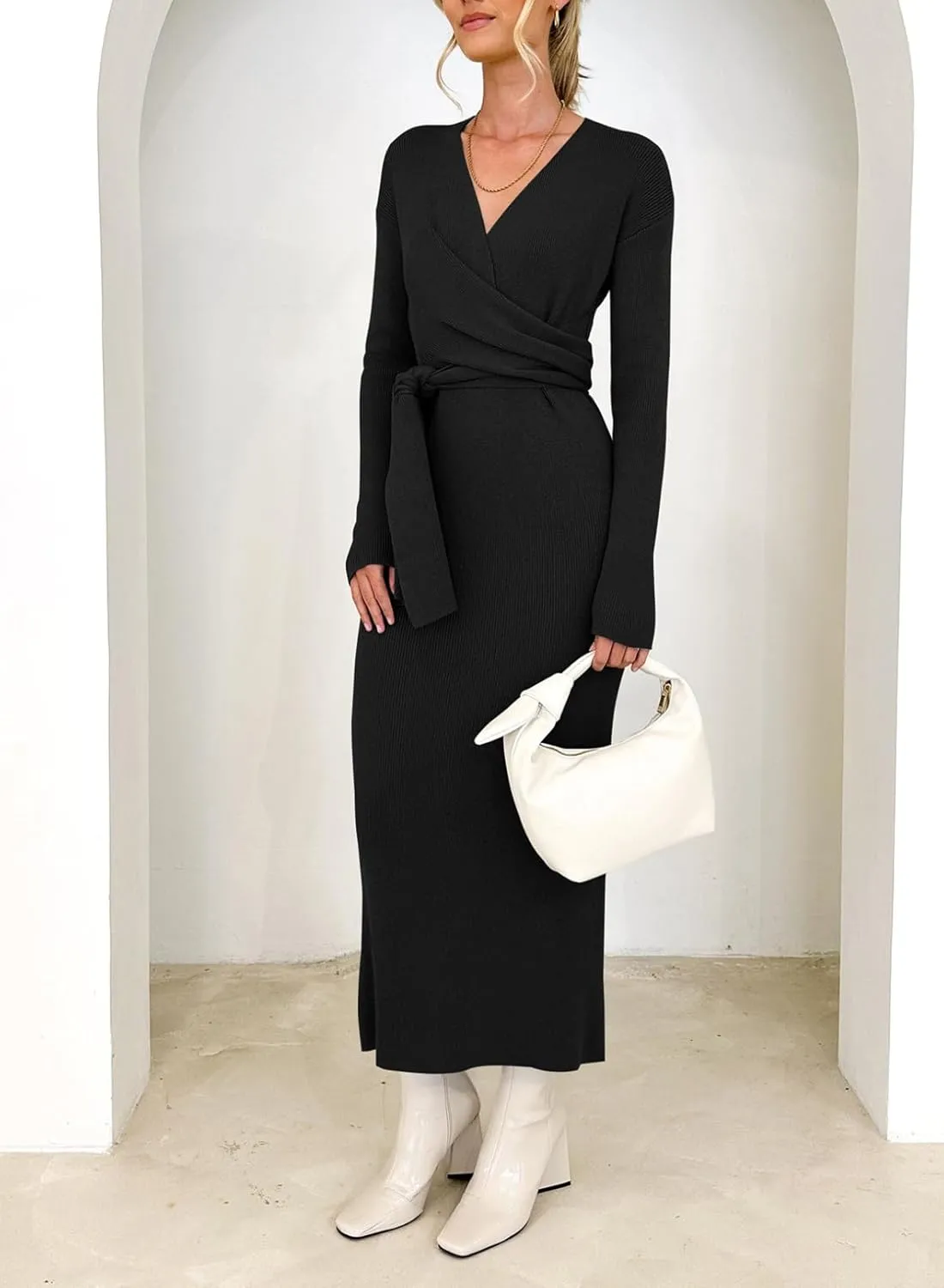 Happy Sailed Womens Knit Dress Spring Long Sleeve Wrap V Neck Tie Waist Ribbed Sweater Dresses