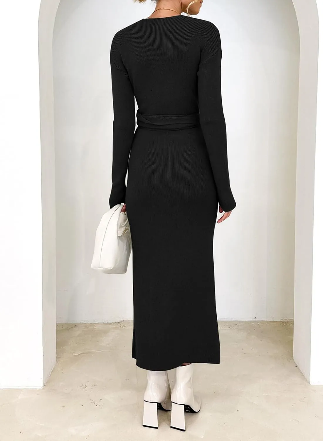 Happy Sailed Womens Knit Dress Spring Long Sleeve Wrap V Neck Tie Waist Ribbed Sweater Dresses