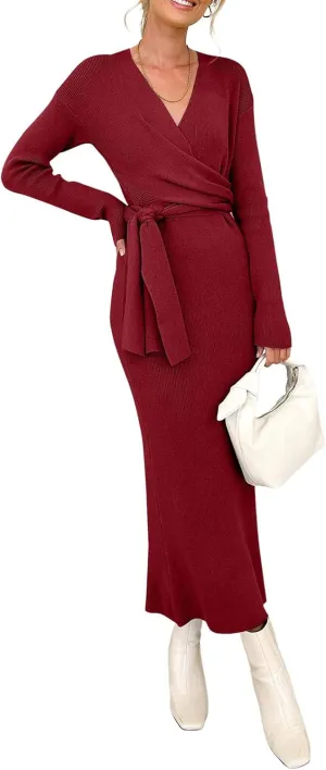Happy Sailed Womens Knit Dress Spring Long Sleeve Wrap V Neck Tie Waist Ribbed Sweater Dresses