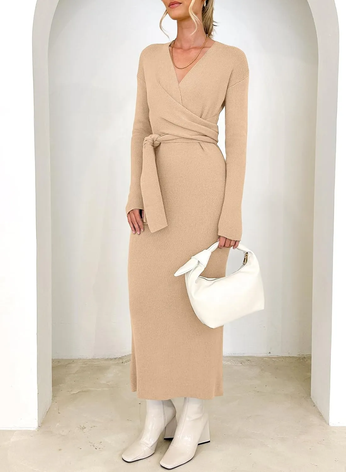 Happy Sailed Womens Knit Dress Spring Long Sleeve Wrap V Neck Tie Waist Ribbed Sweater Dresses