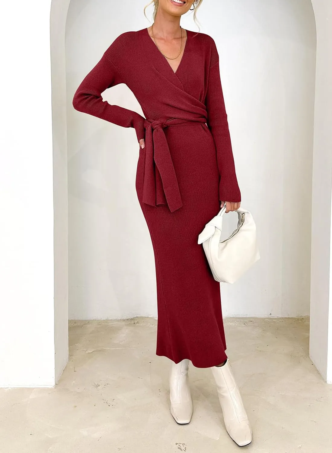Happy Sailed Womens Knit Dress Spring Long Sleeve Wrap V Neck Tie Waist Ribbed Sweater Dresses