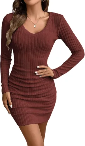 HBQ Women's Pullover Sweater Dress Casual Long Sleeve Cute Ribbed Knit V Neck Bodycon Mini Sweaters Dresses