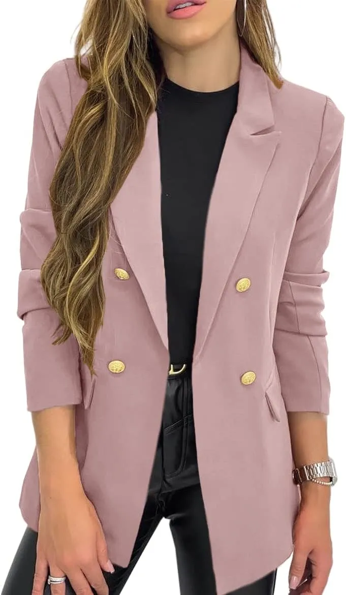 Hdieso Womens Solid Color Casual Long Sleeve Lapel Button Blazer Jacket