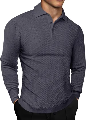 JMIERR Mens Knit Polo Shirts Casual Button Down Long Sleeve Dress Shirts Winter Lightweight Pullover Sweater