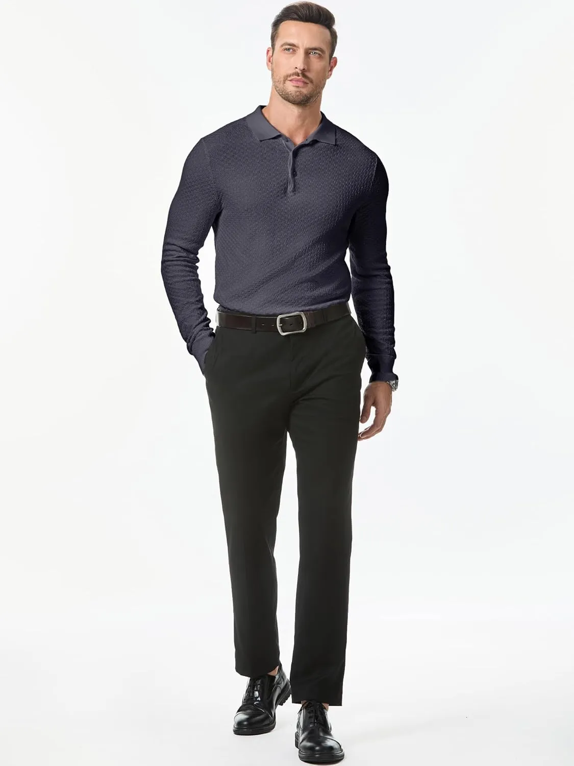 JMIERR Mens Knit Polo Shirts Casual Button Down Long Sleeve Dress Shirts Winter Lightweight Pullover Sweater