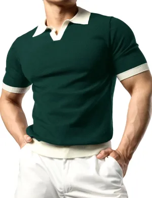 JOGAL Mens Knit Polo Shirts Vintage Short Sleeve Sweater Polo Muscle Slim Fit Golf Shirts