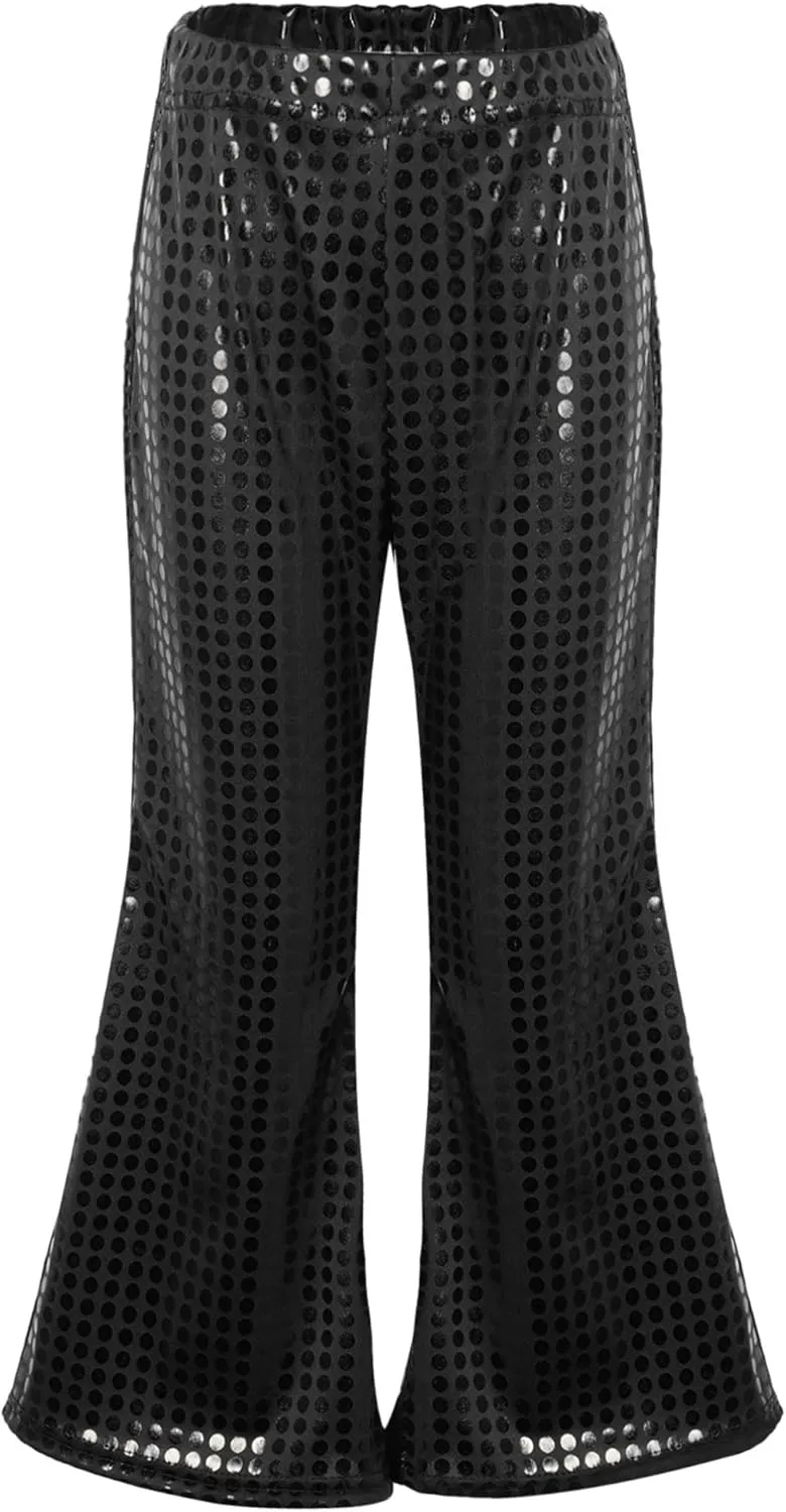 Kids Girls Sparkly Sequins Dance Pants Wide Leg Bell Bottoms Flared Trousers Hip Hop Jazz Disco Performance Costume