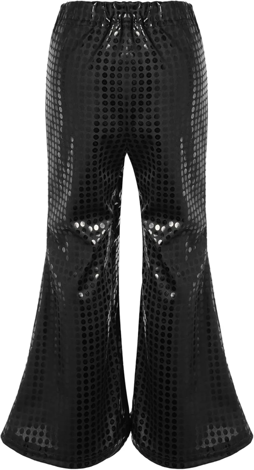 Kids Girls Sparkly Sequins Dance Pants Wide Leg Bell Bottoms Flared Trousers Hip Hop Jazz Disco Performance Costume