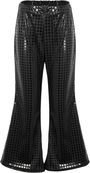 Kids Girls Sparkly Sequins Dance Pants Wide Leg Bell Bottoms Flared Trousers Hip Hop Jazz Disco Performance Costume