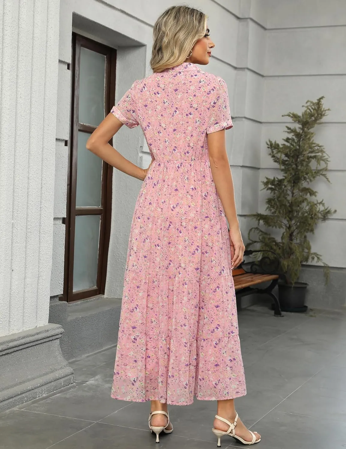 Kranda Women 2025 Summer Collared V Neck Short Sleeve Button Down Chiffon Long Tiered Floral Maxi Dress with Pockets