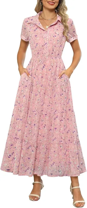 Kranda Women 2025 Summer Collared V Neck Short Sleeve Button Down Chiffon Long Tiered Floral Maxi Dress with Pockets