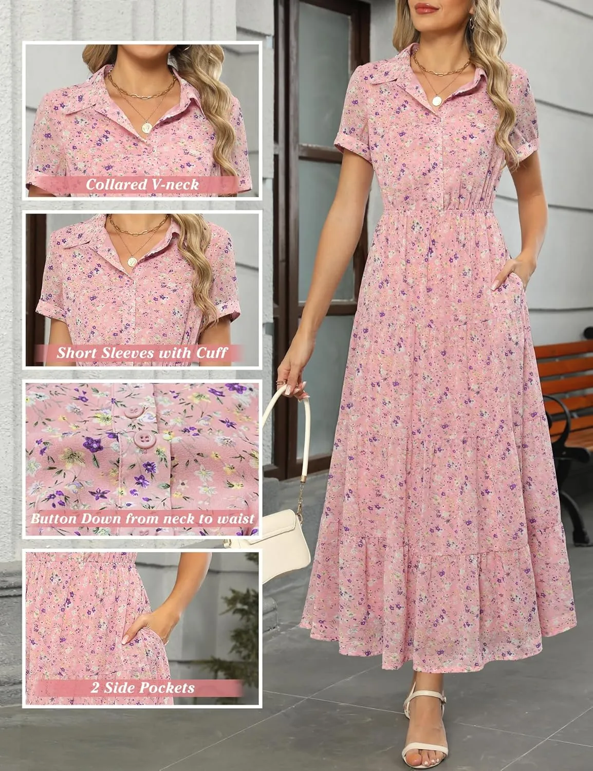 Kranda Women 2025 Summer Collared V Neck Short Sleeve Button Down Chiffon Long Tiered Floral Maxi Dress with Pockets