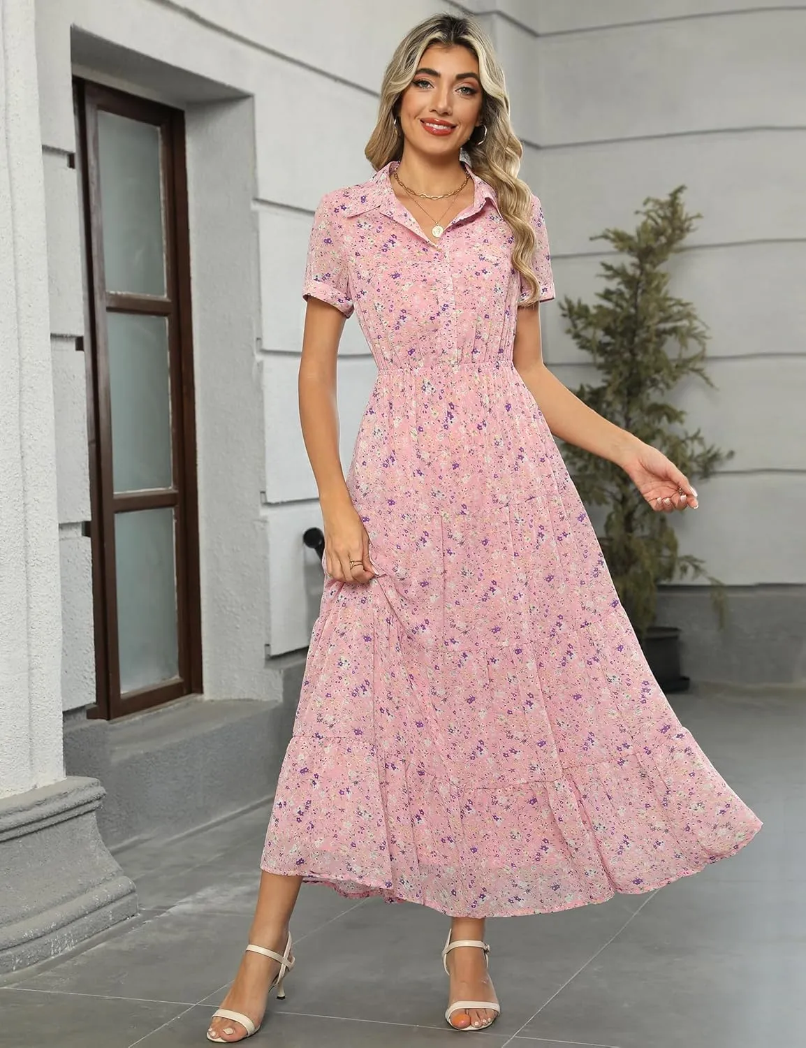 Kranda Women 2025 Summer Collared V Neck Short Sleeve Button Down Chiffon Long Tiered Floral Maxi Dress with Pockets