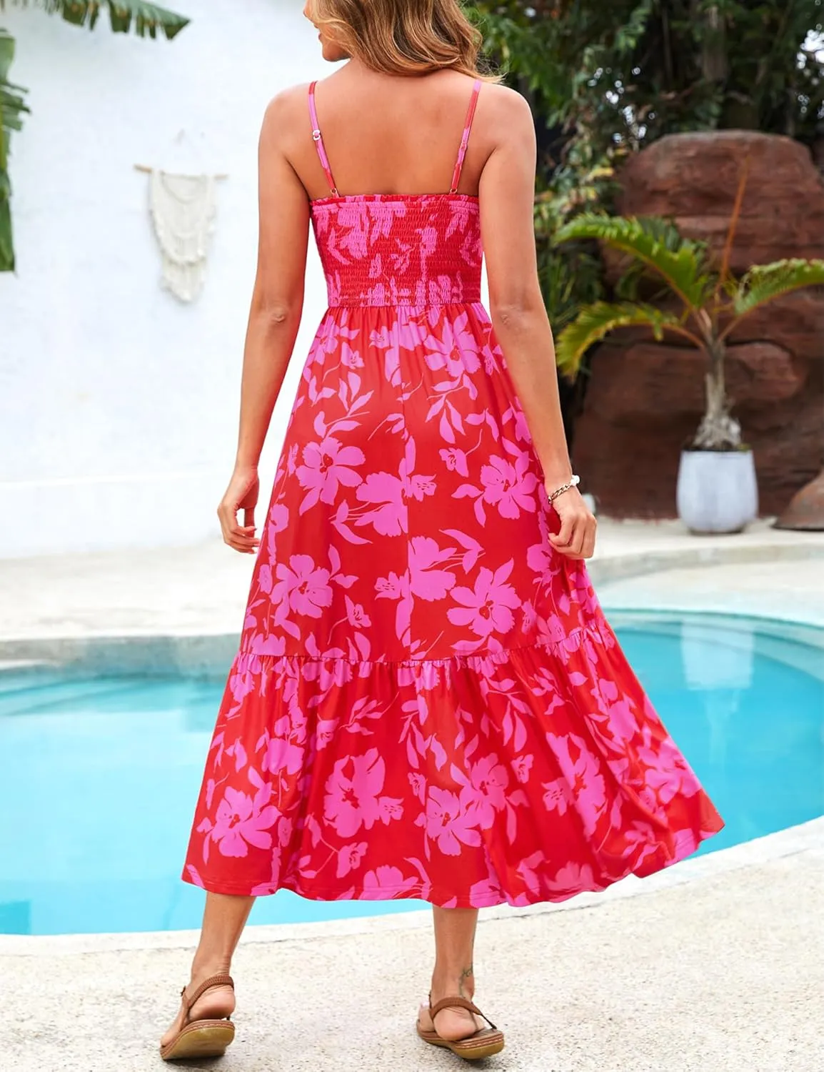 Kranda Women 2025 Summer Sundress High Waist Tie Front Spaghetti Strap Ruffle Long Beach Floral Maxi Dress with Pockets