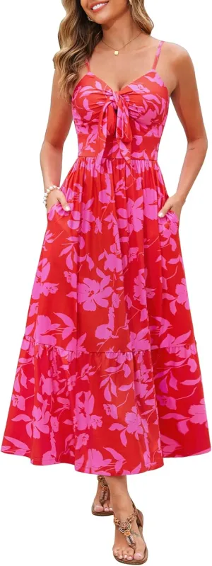 Kranda Women 2025 Summer Sundress High Waist Tie Front Spaghetti Strap Ruffle Long Beach Floral Maxi Dress with Pockets