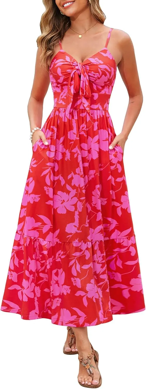 Kranda Women 2025 Summer Sundress High Waist Tie Front Spaghetti Strap Ruffle Long Beach Floral Maxi Dress with Pockets