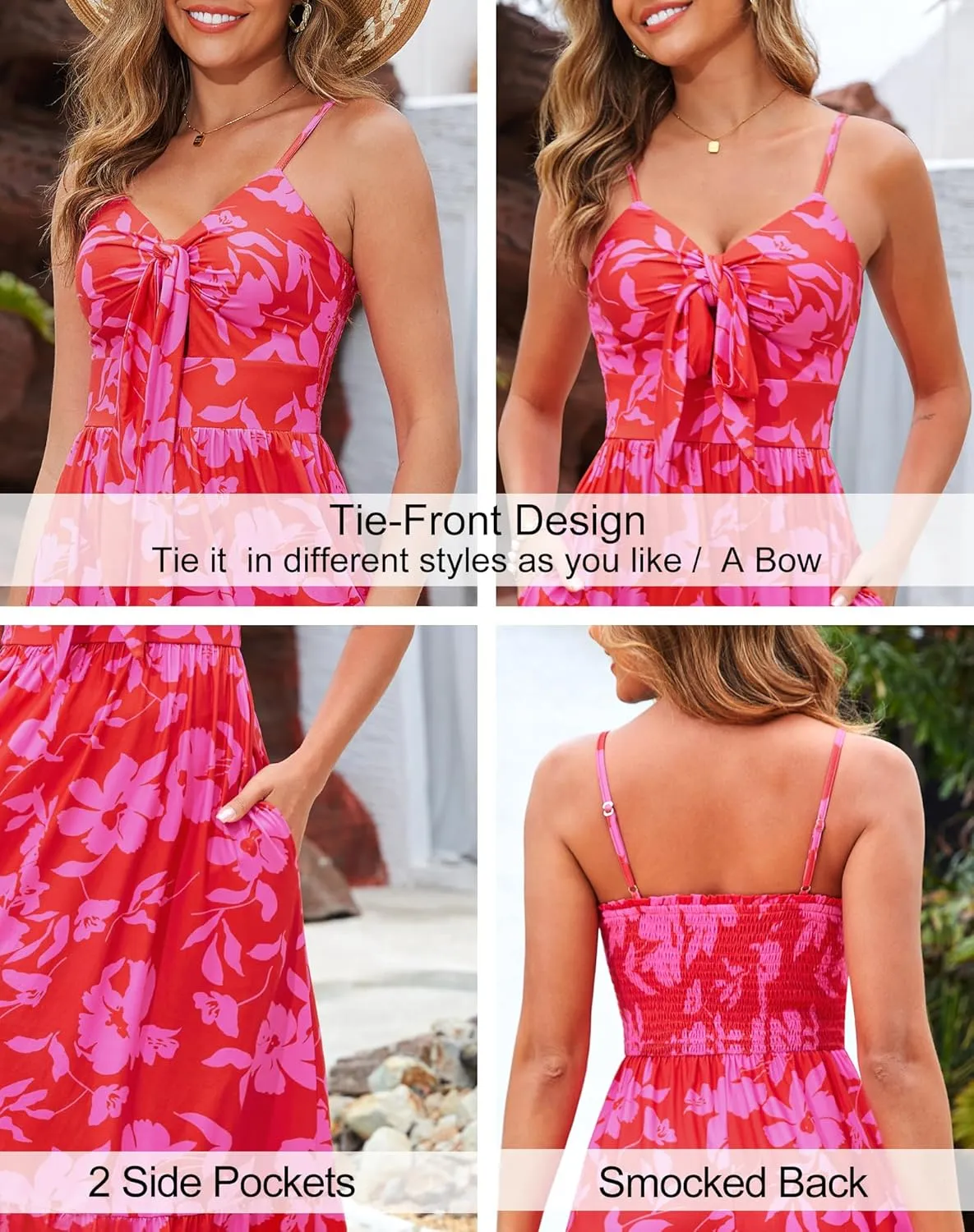 Kranda Women 2025 Summer Sundress High Waist Tie Front Spaghetti Strap Ruffle Long Beach Floral Maxi Dress with Pockets