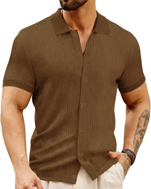 LOGEEYAR Men's Slim Fit Polo Shirts Short Sleeve Breathable Button Down Golf Shirts Ribbed Knit Soft Cotton Tops