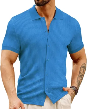 LOGEEYAR Men's Slim Fit Polo Shirts Short Sleeve Breathable Button Down Golf Shirts Ribbed Knit Soft Cotton Tops