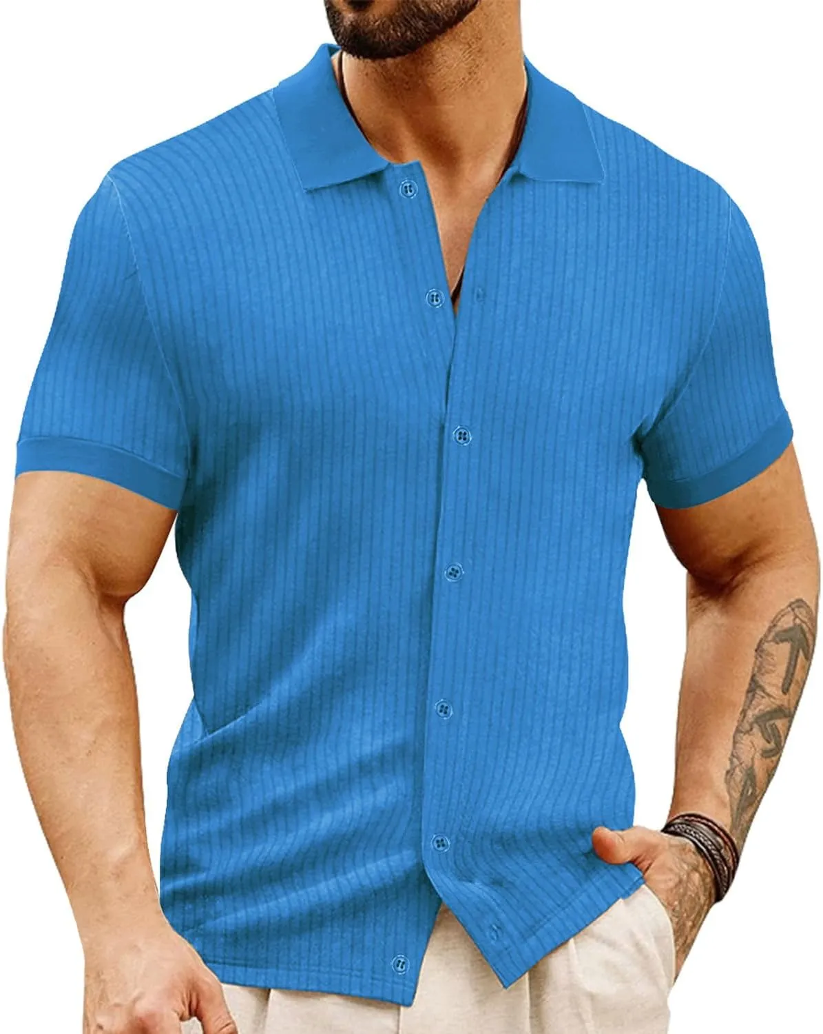 LOGEEYAR Men's Slim Fit Polo Shirts Short Sleeve Breathable Button Down Golf Shirts Ribbed Knit Soft Cotton Tops