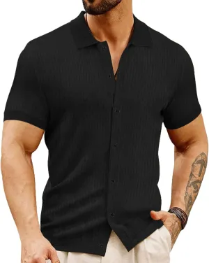 LOGEEYAR Men's Slim Fit Polo Shirts Short Sleeve Breathable Button Down Golf Shirts Ribbed Knit Soft Cotton Tops