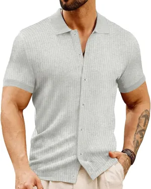 LOGEEYAR Men's Slim Fit Polo Shirts Short Sleeve Breathable Button Down Golf Shirts Ribbed Knit Soft Cotton Tops