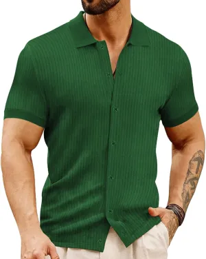 LOGEEYAR Men's Slim Fit Polo Shirts Short Sleeve Breathable Button Down Golf Shirts Ribbed Knit Soft Cotton Tops
