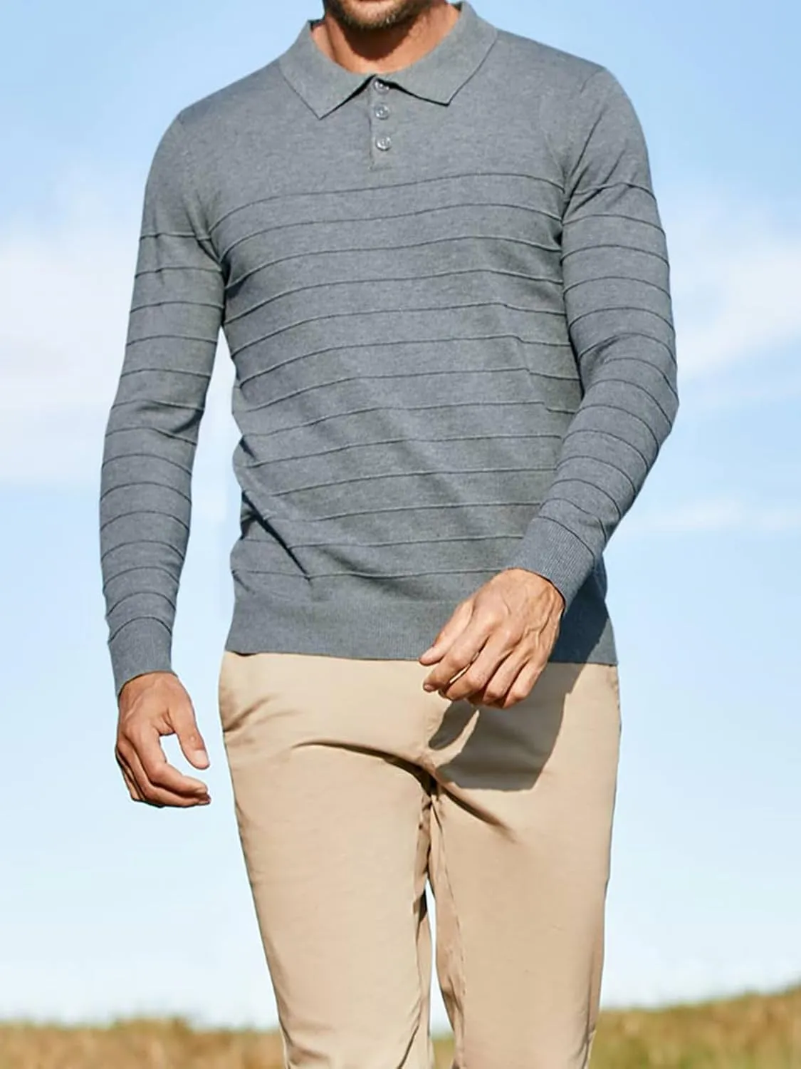 Makkrom Mens Polo Shirts Long Sleeve Striped Pullover Casual Slim Fit Solid Knit Sweater Classic Golf Shirt