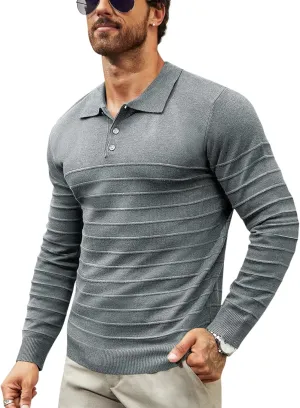 Makkrom Mens Polo Shirts Long Sleeve Striped Pullover Casual Slim Fit Solid Knit Sweater Classic Golf Shirt