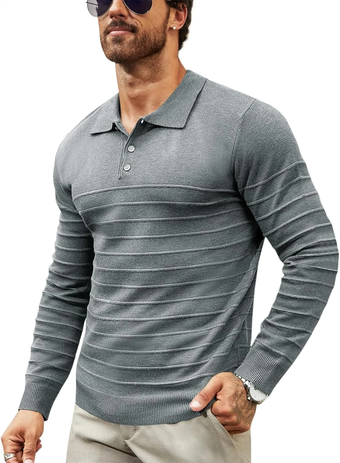 Makkrom Mens Polo Shirts Long Sleeve Striped Pullover Casual Slim Fit Solid Knit Sweater Classic Golf Shirt
