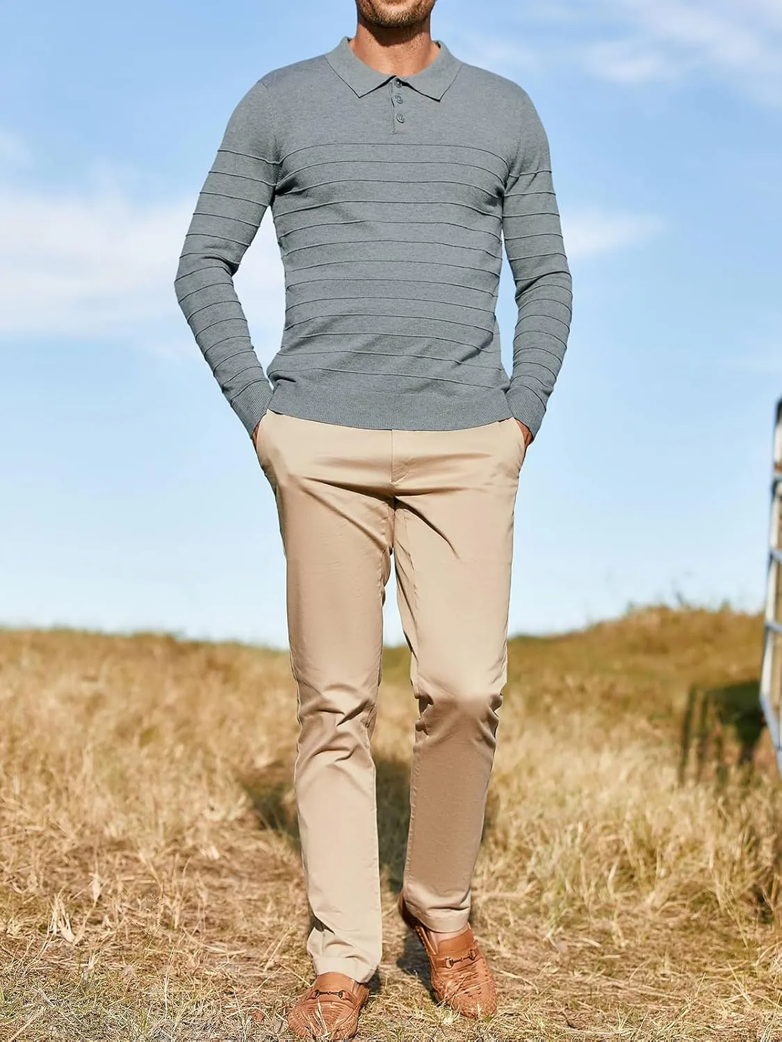 Makkrom Mens Polo Shirts Long Sleeve Striped Pullover Casual Slim Fit Solid Knit Sweater Classic Golf Shirt