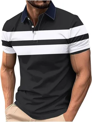 Mens Striped Golf Polo Shirts Slim Short Sleeve Color Matching Polo T Shirt Basic Stylish Cotton Work Shirts Dressy
