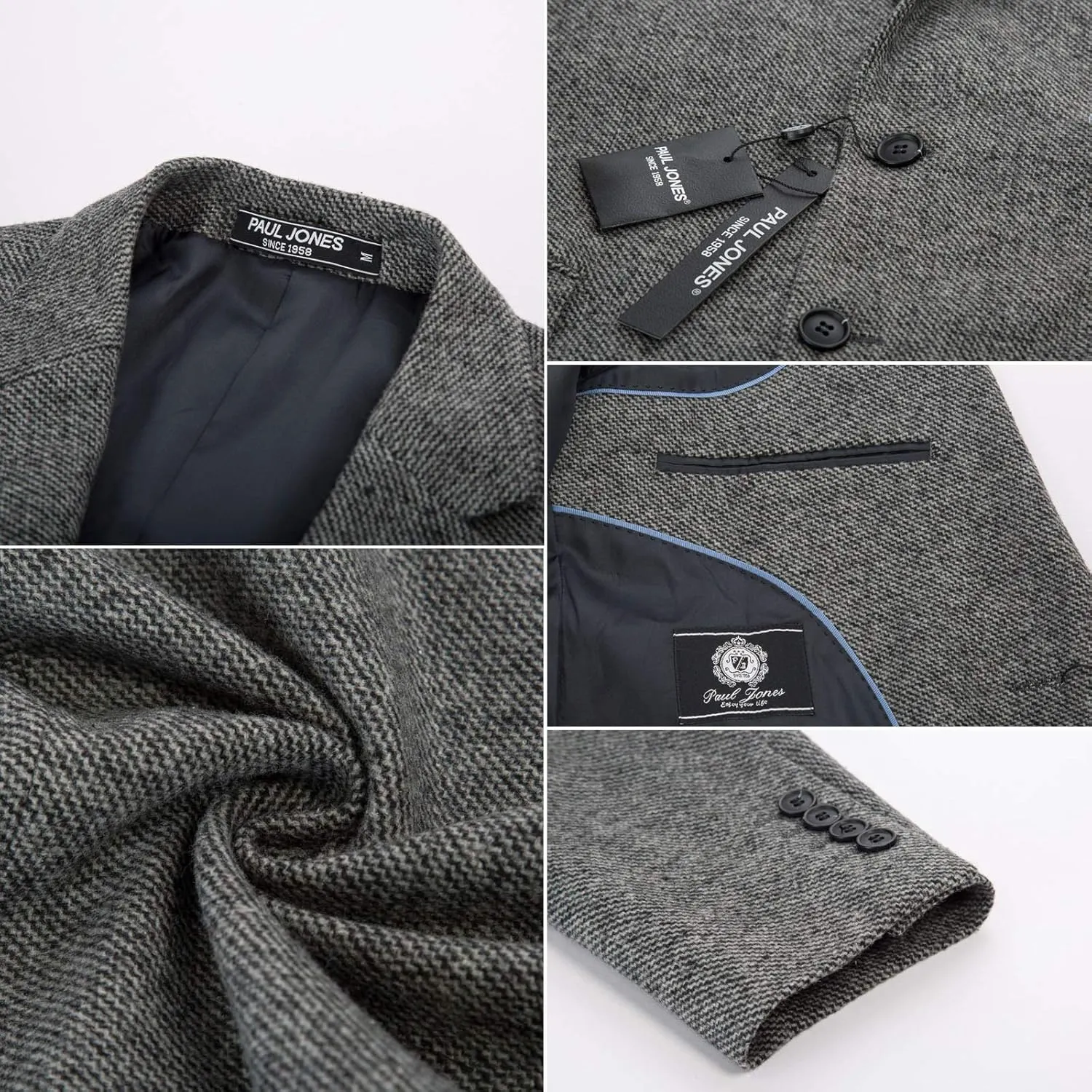 Mens Wool Blend Blazer Jacket Houndstooth Suit Blazer Notch Lapel 2 Button