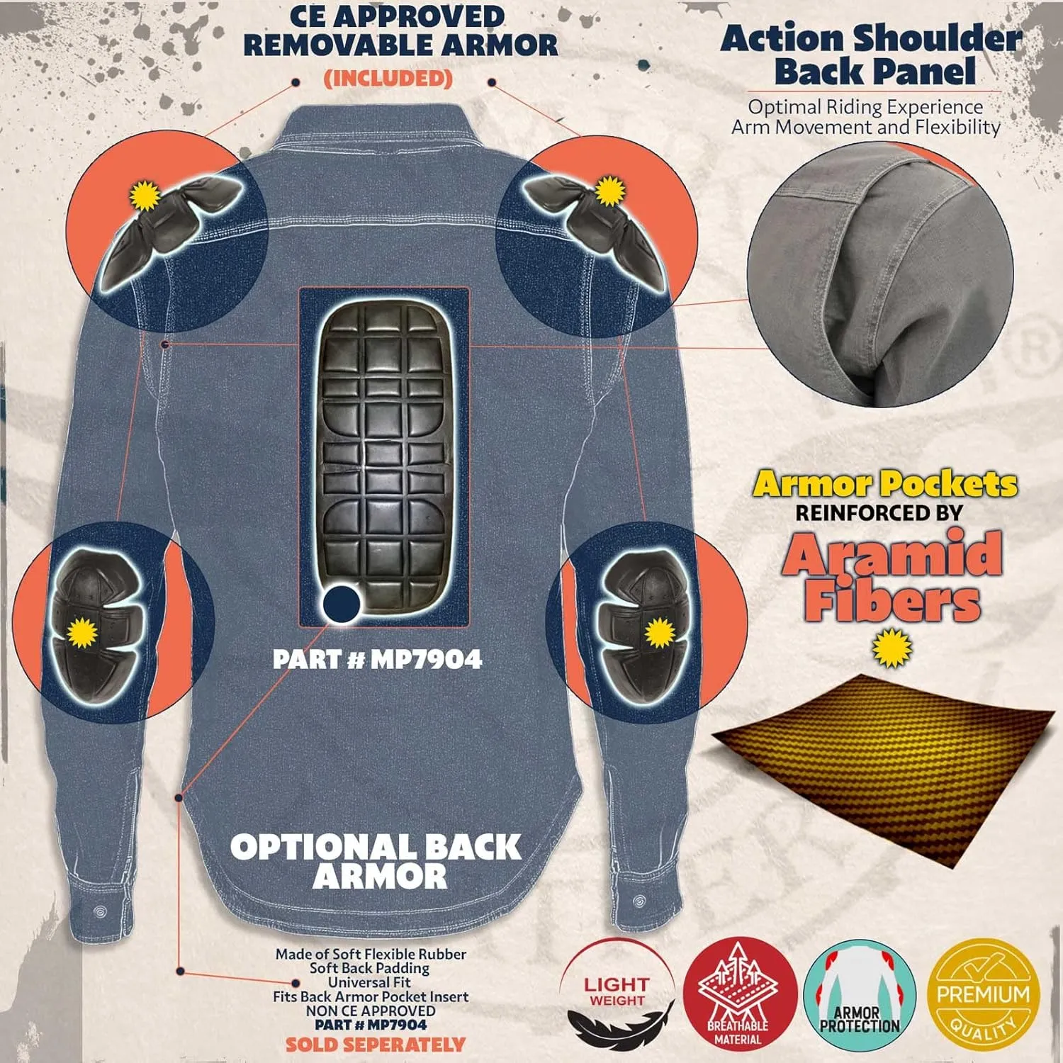 Milwaukee Leather Performance MPM1620 Men's Armored Denim Biker Shirt Aramid DuPont Fibers Coat