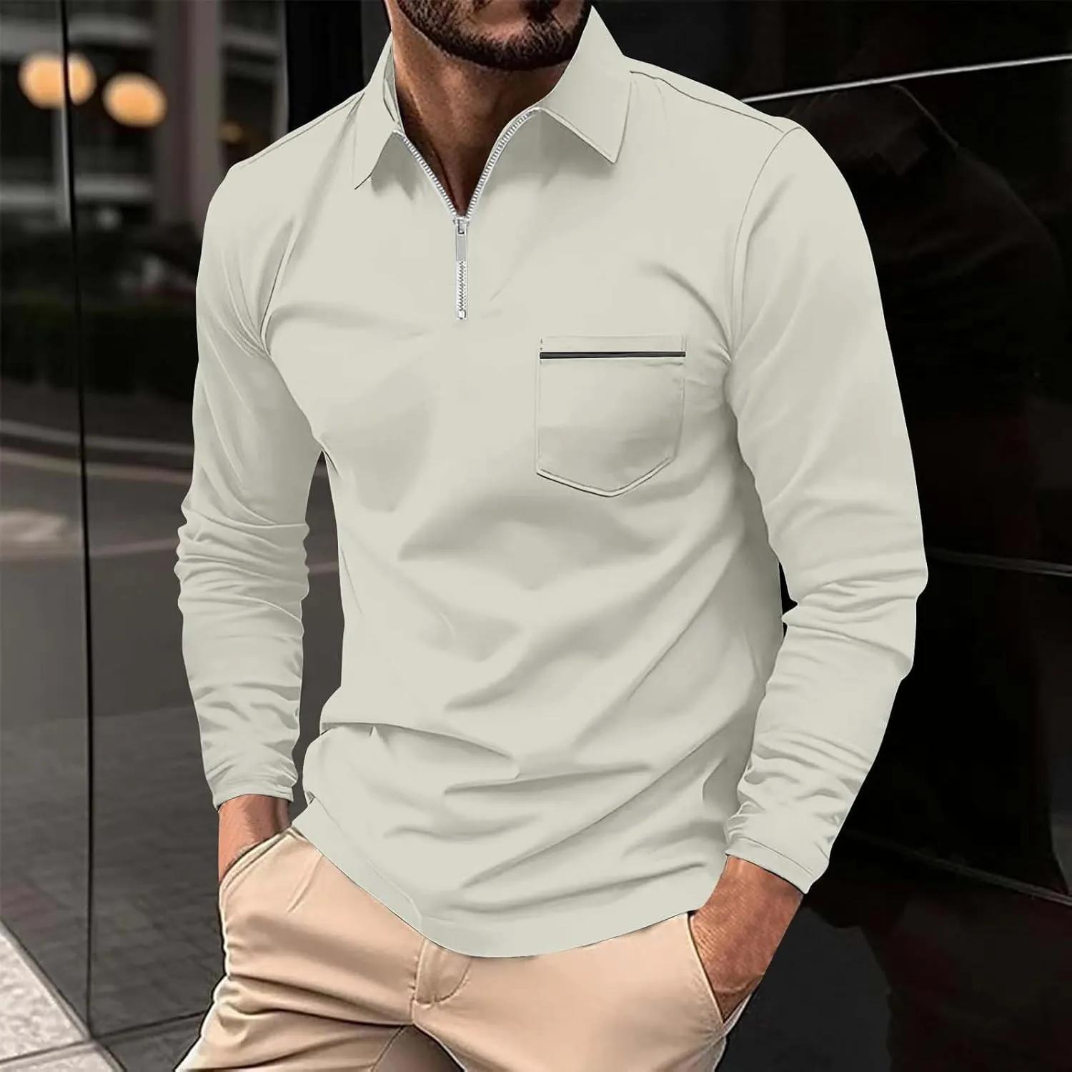 Muscularfit Men's Polo Shirts Long Sleeve Zipper Golf Shirt Lightweight Solid Collared Tshirt Causal Pullover Tops Henley Tee