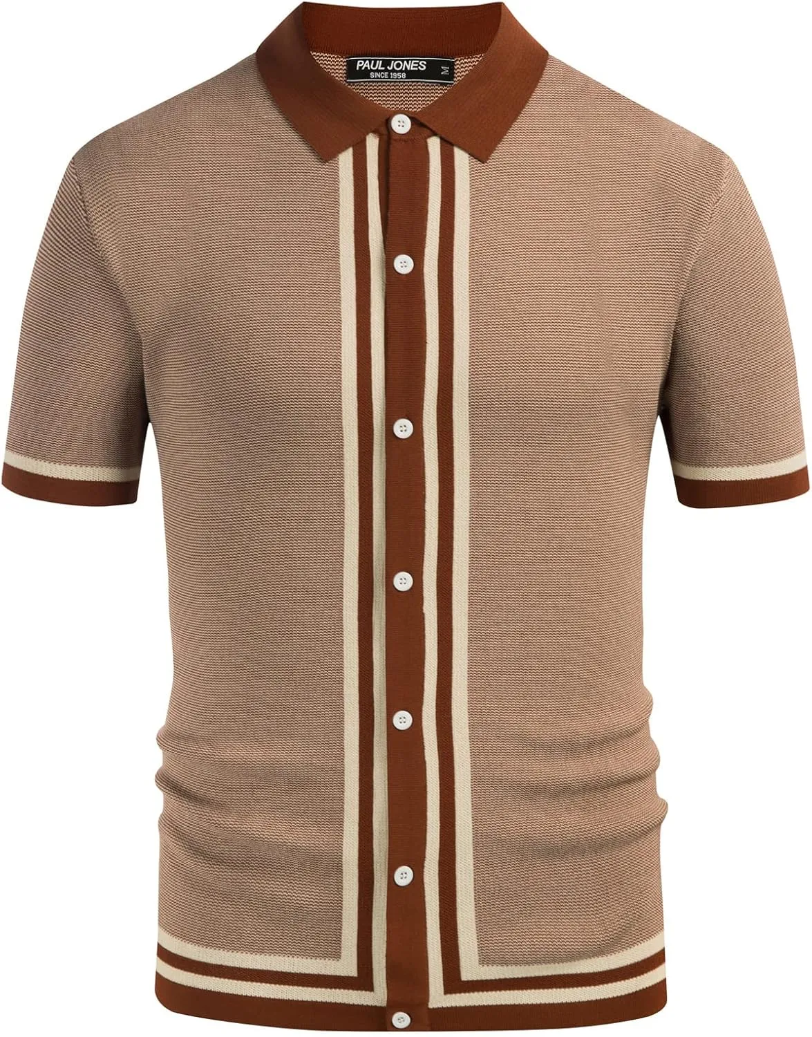 PJ PAUL JONES Men's Vintage Stripe Knit Polo Shirts Short Sleeve Stylish Button Down Cardigan Sweater